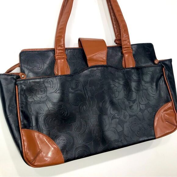 Gigi Hill LA Black Brown Tooled Vegan Leather Extra Large Travel Duffel Tote - Picture 7 of 16